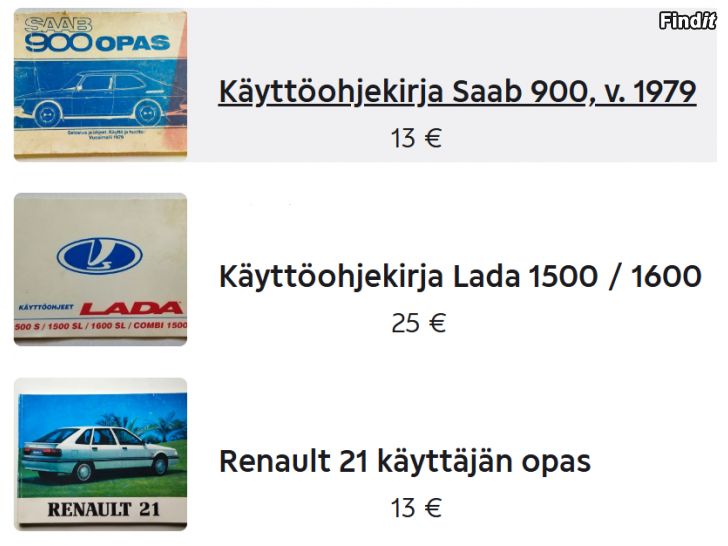 Myydään Käyttöohjekirja Saab 900, Lada 1500 tai Renault 21