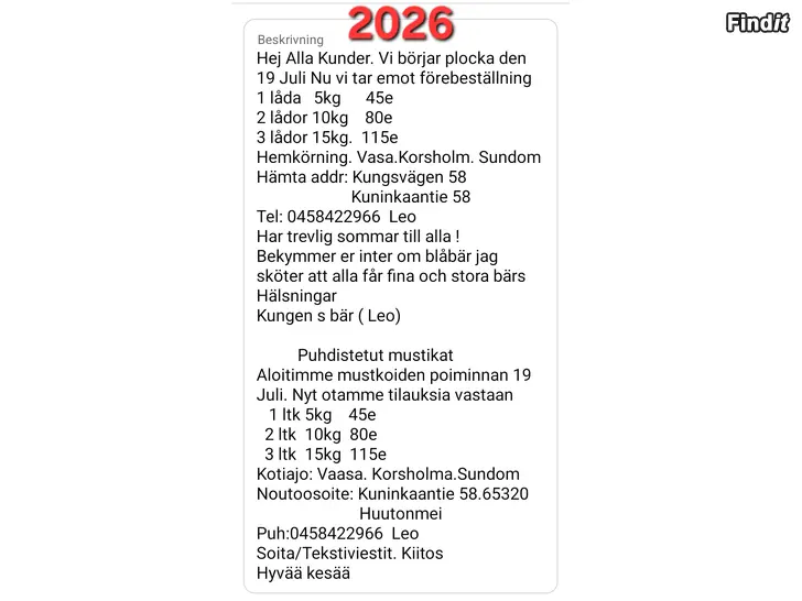 Säljes RENSADE BLÅBÄR