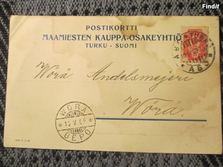 Myydään WÖRÅ ANDELSMEJERI, Turusta 10.VI.1909