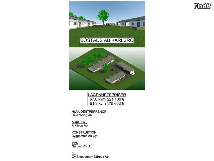 Säljes Under uppförande 51,8m2 och 67m2 lägenheter i hjärtat av Närpes