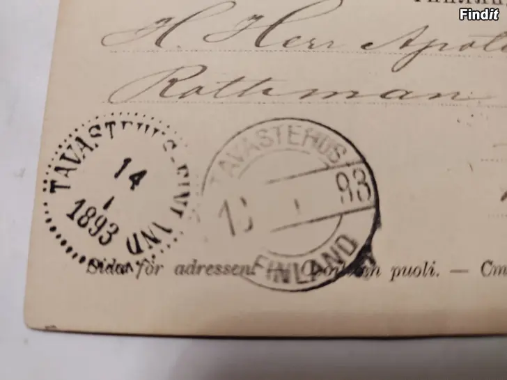 Myydään 1893 Tavastehus PISTELEIMA, silta- sekä postivaunuleima