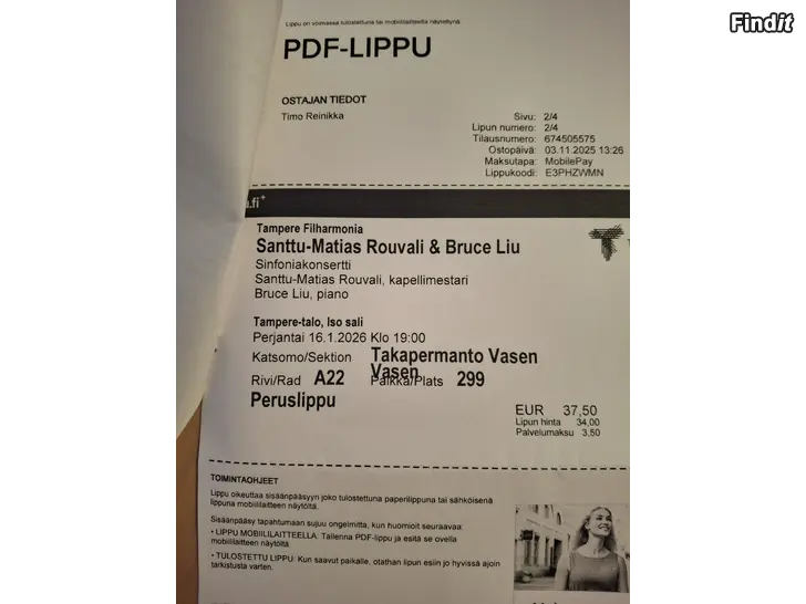 Säljes Tampere Filharmonia, 16.1. x2 Santtu-Matias Rouvali  Bruce Lu