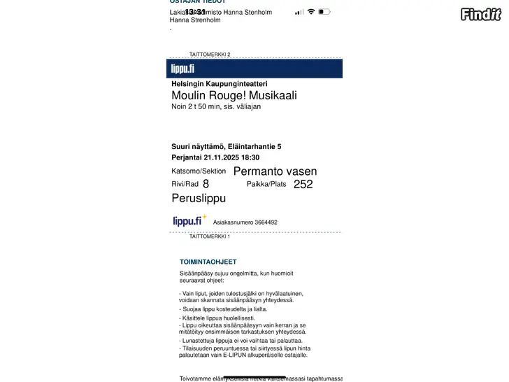 Säljes 2 biljetter till Moulin Rogue musikalen 21.11