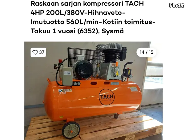 Säljes Tach 4hp 200l kompressor