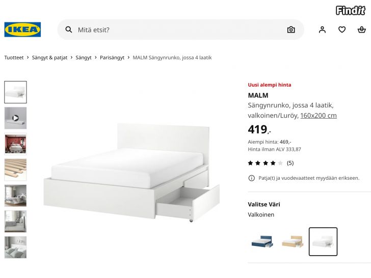 Myydään IKEA MALM 160x200cm säng + resormadrasser