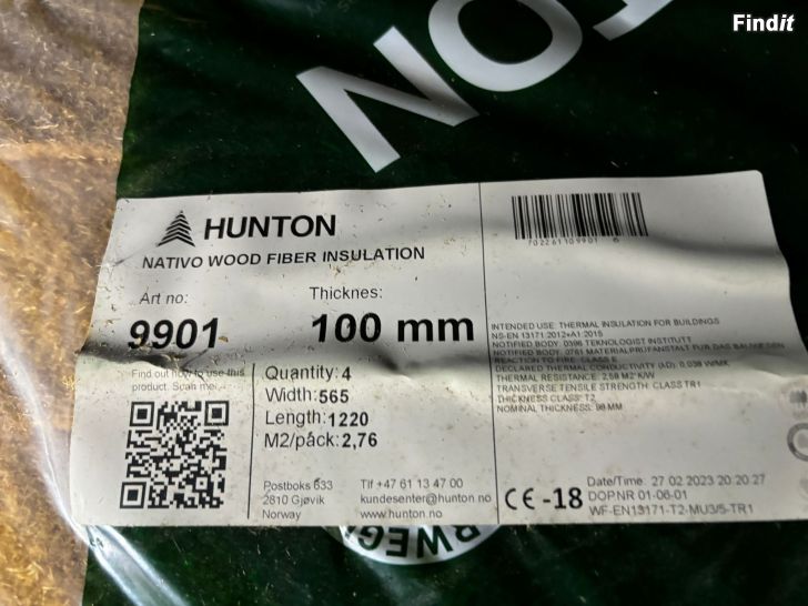Myydään Hunton Nativo puukuitueriste 100mm