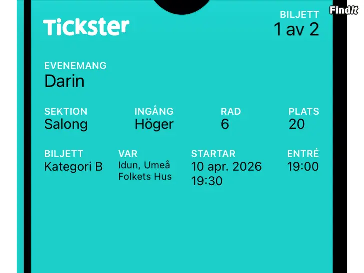 Myydään Biljetter till Darin konsert i Umeå 10.4.2026