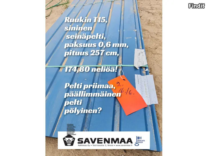 Myydään Katto- ja seinäpeltierä,174 neliöä,sininen väri Savenmaan Pihamyynnissä.