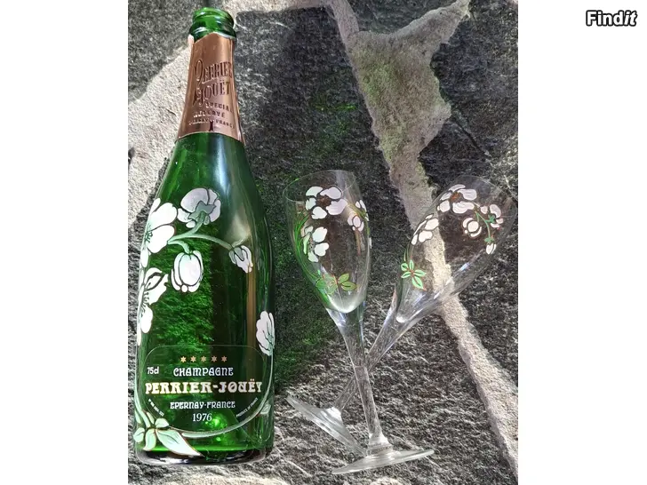 Säljes Vintage, Perrier-Jouet Champagneflaska + 2 glas