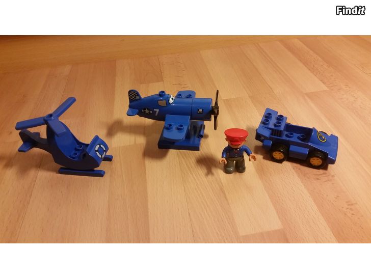 Myydään Lego Duplo sininen lentokone helikopteri auto ja lentäjä -10e