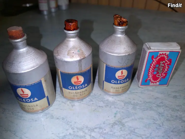 Säljes OLEOSA tvål-essensflaskor i Alu från 1964