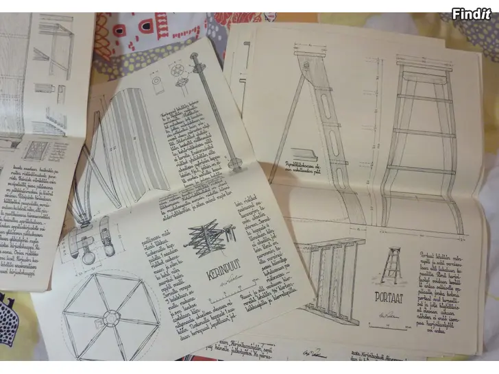 Säljes Nippu isokokoisia vanhoja puutyöpiirustuksia