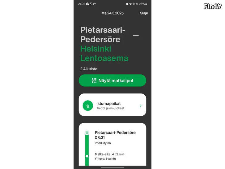 Myydään VR Pietarsaari - Tikkurila- H/V lentoasema, 2 hlö, 24.3