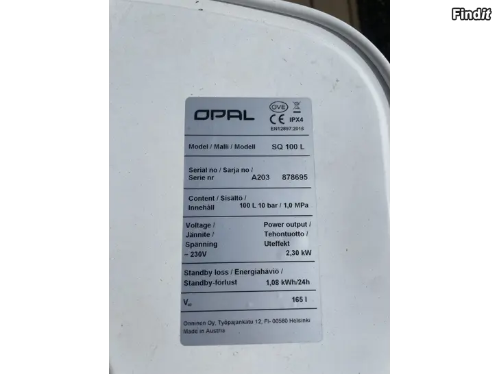 Myydään Opal 100 liter vv beredare