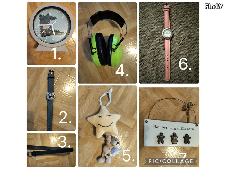 Myydään Blandade barnartiklar klocka, hörselskydd, speldosa, bälte..