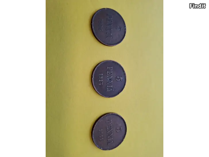 Myydään 3 stycken 5 pennis mynt från Nikolais tid 1906,1913,1914