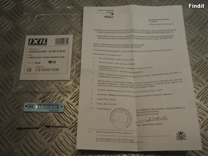 Myydään Ixil E-hyväksyntä todistus tyyppikilpi Suzuki SV 650 1999