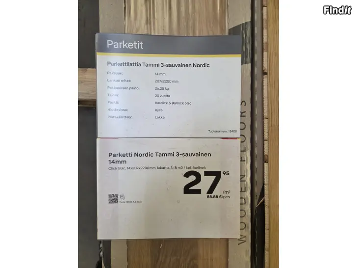 Myydään Barlinek 14mm Parkettilattia Tammi 3-sauviainen 12,72m2