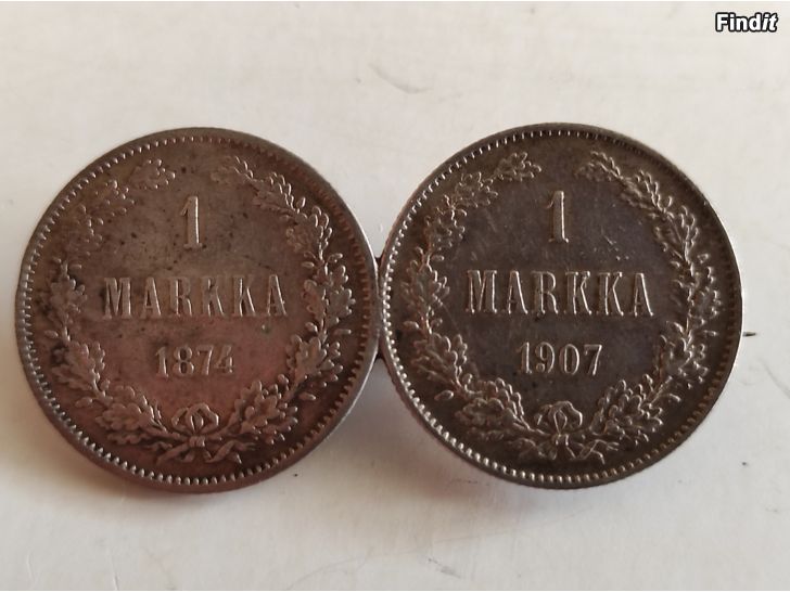 Myydään Hopeakolikot rintaneula, 1MK 1874 ja 1MK 1907