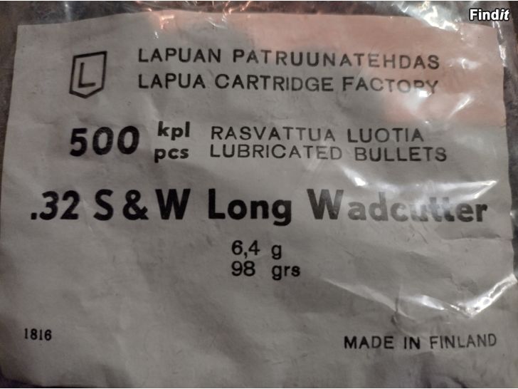 Myydään Lapua 32 SW long wadcutter 6.4. g luoteja