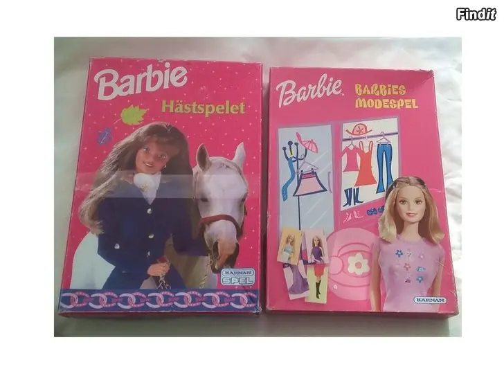 Säljes Kaksi Barbie-lautapeliä ruotsiksi, Hästspelet 1998, Modespel 2002, Mattel