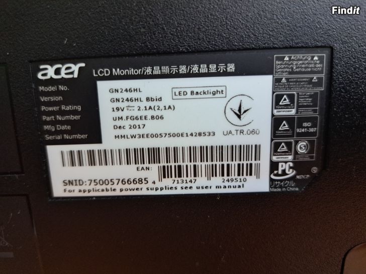 Myydään Acer näyttö GN246HL