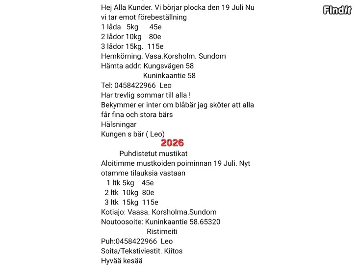 Säljes RENSADE BLÅBÄR