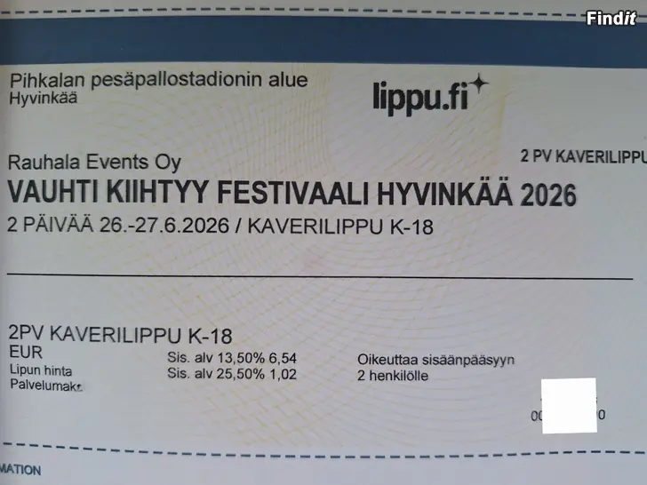 Myydään VAUHTI KIIHTYY HYVINKÄÄ KAVERILIPPU