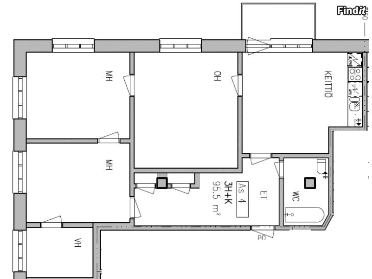 Vuokrataan 4 R + K 95,5 m2 i centrala Vasa